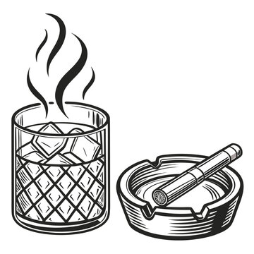 Engraved style whiskey glass with ice and a steaming cigar in an ashtray. luxury indulgence