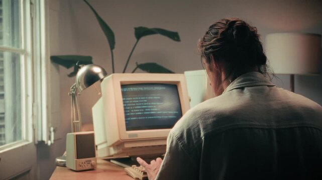 Man working and gaming on retro computer PC, IT engineer with vintage computer at home, using old fashion technology, close up of retro setup. 
