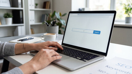 Person uses a laptop to search online in a bright indoor workspace with coffee and notebook nearby