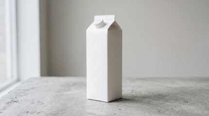 White milk carton stands on a table by the window in a simple indoor setting during the day