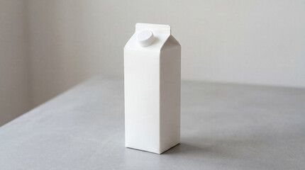 White carton sits on a gray table in a simple indoor setting during daylight hours