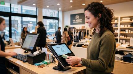 Customer makes a payment at the checkout counter in a retail store during the day in an urban area