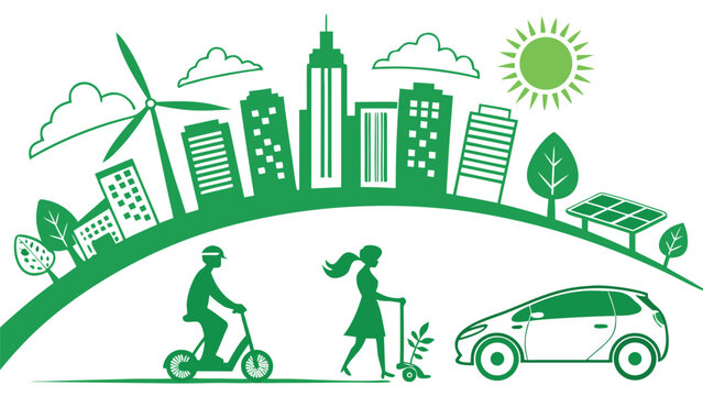 Green city eco transport wind power solar panels and sustainable urban lifestyle illustration