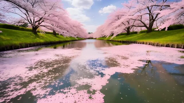 A picturesque canal lined with vibrant pink cherry blossom trees and fallen petals floating on the water's surface under a blue sky.