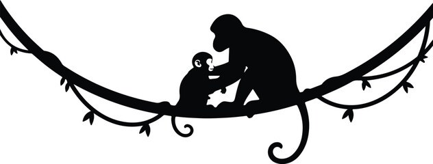 Silhouette adult and baby monkey sitting on jungle vine branch vector design © Nasima