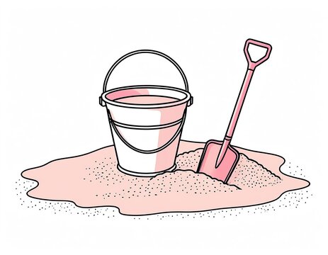 A bucket and shovel sitting in the sand, ready for some beachcombing or digging