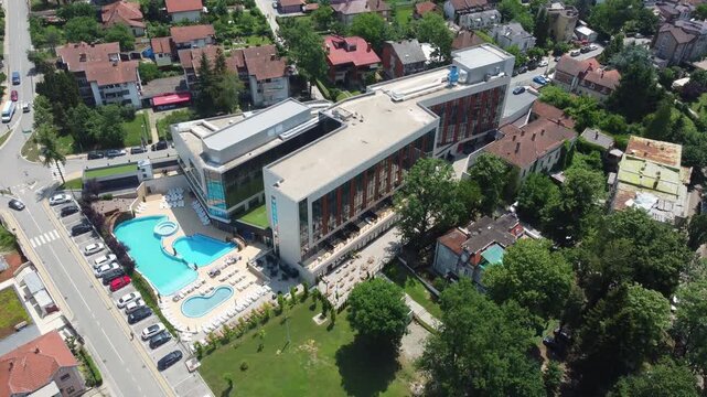 Aerial view of Vrnjacka Banja spa town, central Serbia, sunny day
