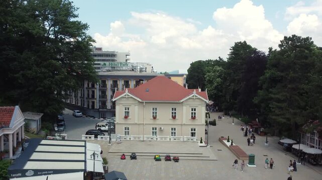 Aerial lateral view of central Vrnjacka Banja, a popular spa town in Serbia, Balkans, southeastern Europe.