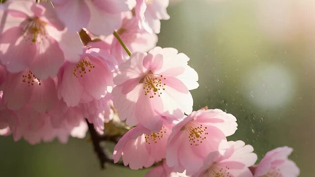Close-up of vibrant pink cherry blossoms blooming on a branch in soft sunlight, showcasing delicate petals and intricate details.