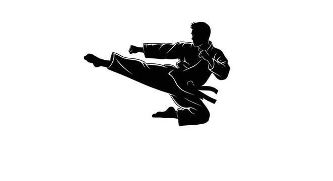 Silhouette of a martial artist performing a high kick against a plain white backdrop. Focus on dynamic movement.