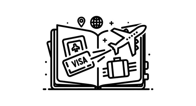 Travel visa and passport icon with airplane and luggage