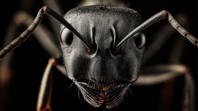 Close view of an ant showing details of its head and face with dark background