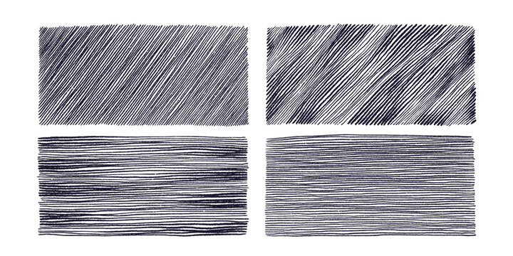 Scratchy pencil lines create diagonal hatch texture with grunge shading. Hand sketch backdrop with rough brush strokes. Ideal for vintage artistic compositions and print. Vector school pen doodle set