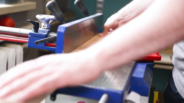 Carpenter operate electric jointer Planer remove excess wood with. Wood shaping, precision cut, workshop tool, material trim, professional skill, surface smoothing