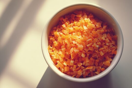 Top-Down View of Brunoise Cooked Carrots in a White Ceramic Bowl