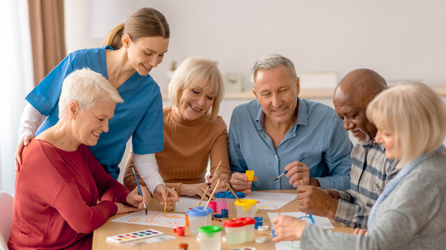 A group of seniors sits around a table working on a painting project. They hold brushes and paint while smiling. A staff member guides them cheerfully.