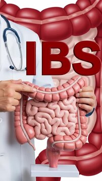 Medical professional explaining Irritable Bowel Syndrome concept, IBS, human intestinal disease, digestive system health education, gastrointestinal disorder awareness