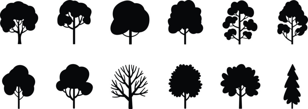 Collection of simple tree silhouettes including pine round and leafless trees isolated on white background for park forest landscape nature vector illustration