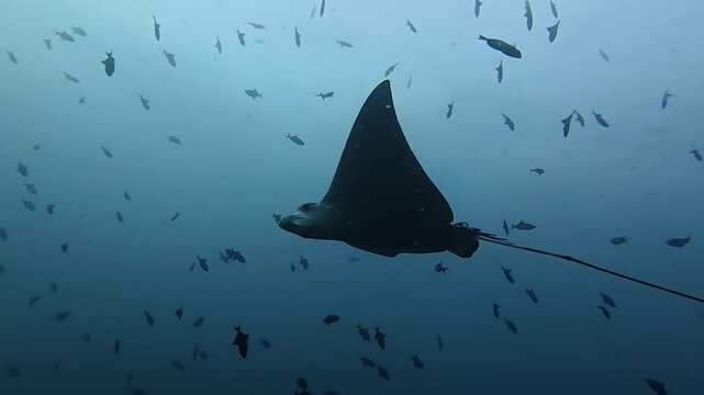 Eagle Ray Gliding Past Schooling Fish in Open Ocean