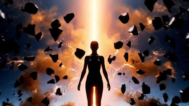 Glowing silhouette female figure breaks out of stone shell, explodes with light