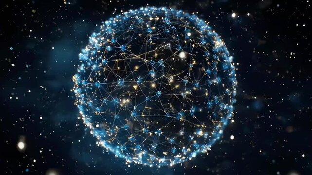 Glowing interconnected network sphere rotating in dark space with particles abstract globe