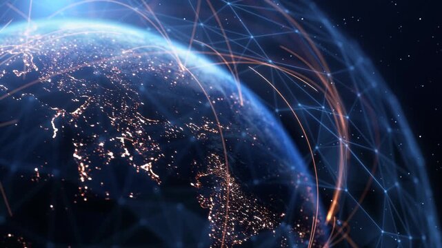 Global Connection Lines. Earth Network Data Transfer. Futuristic AI Technology, 5G, Globe Satellite Communication, Internet Connectivity, Big Data, Digital World Background Animation. Crypto Exchange