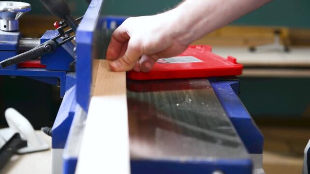 Carpenter operate electric jointer Planer remove excess wood with. Wood shaping, precision cut, workshop tool, material trim, professional skill, surface smoothing