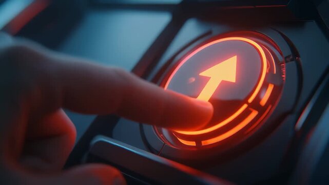 A finger presses a glowing red arrow button indicating upward progress and success pressing