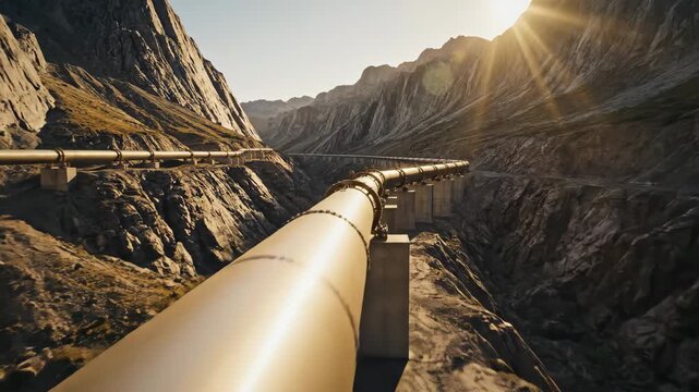 long industrial pipeline stretching through rocky mountain canyon at sunset. oil and gas transport infrastructure. energy supply and engineering concept. fuel distribution background.