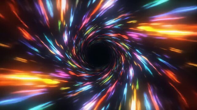 Vibrant colorful light streaks vortex tunnel abstract background motion black blue. Abstract light tunnel represents motion and energy. Colorful design shows cosmic speed and celebration.
