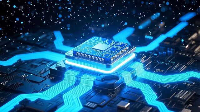 Glowing blue cpu chip on futuristic circuit board