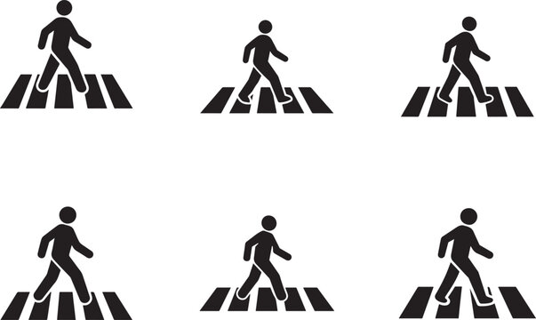 Crosswalk pedestrian sign icon set with zebra crossing, walking person, road safety symbol vector.