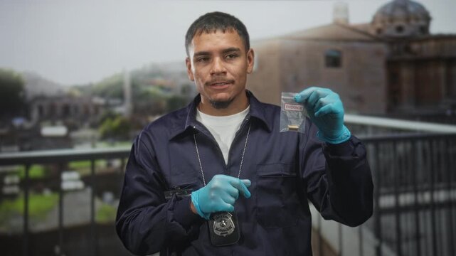 Young detective in badge and jacket holds small evidence bag with bullet, wearing blue nitrile gloves and points finger to bag on building balcony; investigation duty.