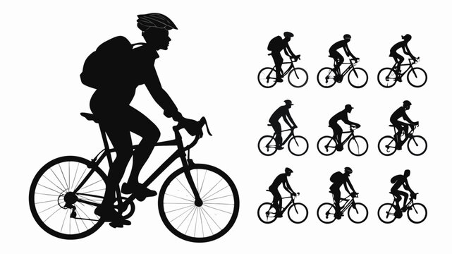Cyclist riding a bicycle silhouette vector set, healthy lifestyle and outdoor sports activity