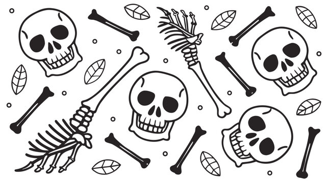 Spooky skull and bone pattern with leaves, halloween background and creepy decoration art