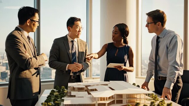 diverse team of architects discussing building model in modern office. asian and caucasian men with african woman analyzing construction project. urban planning meeting. real estate development.