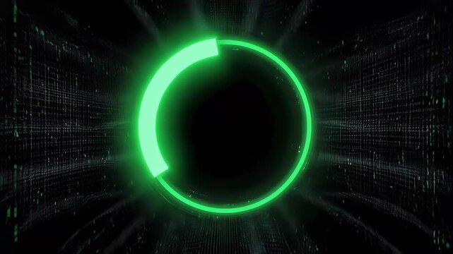 Glowing green circle abstract icon background with digital grid and data streams video