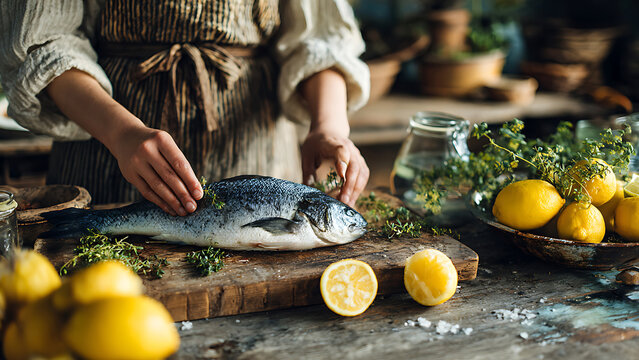 Gentle Hands Seasoning Fresh Dorado with Aromatic Herbs in a Rustic Kitchen Setting