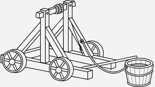 Medieval catapult siege engine illustration with wooden frame wheels and bucket for historical warfare