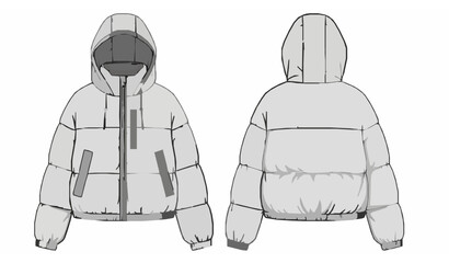 Hooded Puffer Jacket Technical Fashion CAD Illustration Front and Back View © MstNadiya