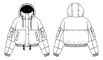Cropped Hooded Down Jacket Technical Flat CAD Illustration for Unisex Fashion © MstNadiya