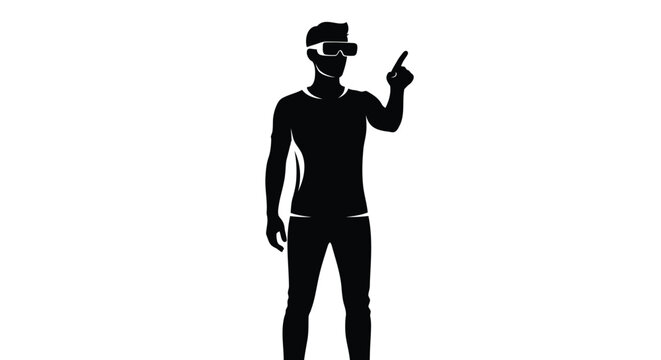 Vector silhouette of a man wearing VR headset and pointing