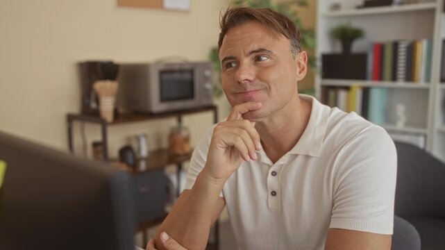 Man touching chin while seated at computer in a studio office with bookshelves and plant; thoughtful reflection.