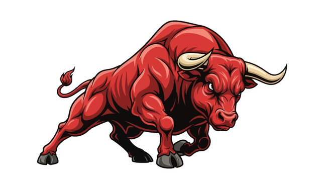 Powerful red muscular bull mascot illustration in a charging stance with sharp horns and an aggressive expression, isolated on a white background featuring bold outlines and shading.