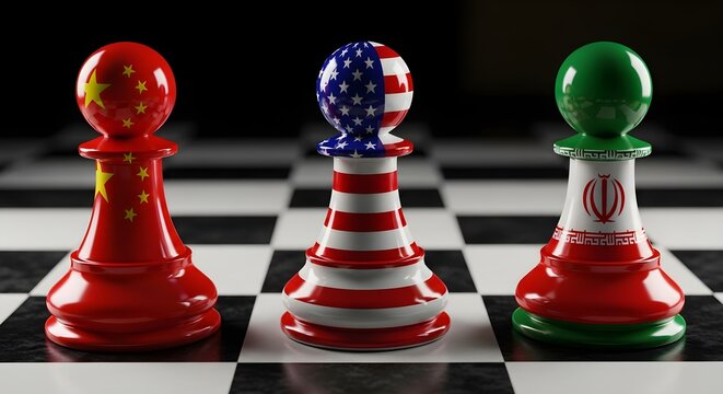 Three chess pawns, adorned with flags of China, USA, and Iran, stand on a chessboard, representing geopolitical strategy.