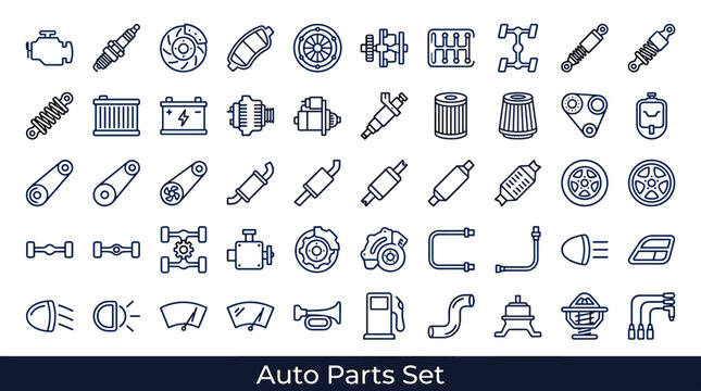 Collection of automotive parts icons in a clean, modern line art style for design