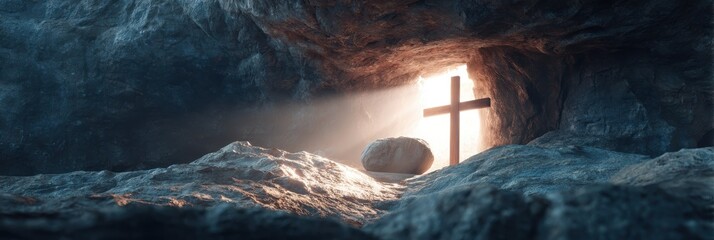 Obraz premium cross and an empty tomb with the stone rolled away