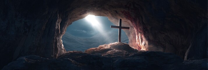 Obraz premium cross and an empty tomb with the stone rolled away