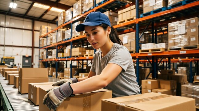 Female warehouse worker handling cardboard boxes on a conveyor belt. Young woman in a fulfillment center sorting packages for shipping and delivery