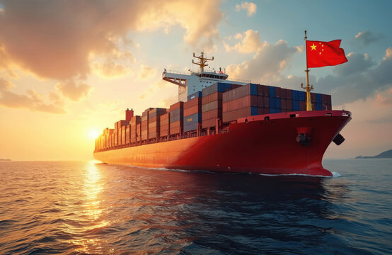Giant cargo ship sails on ocean during sunset. Vessel carries many containers and flies China flag. Sea water reflects warm sun rays. Global trade concept.